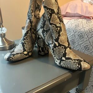 Marc Fisher Black and Cream Snake Print Ankle Boots